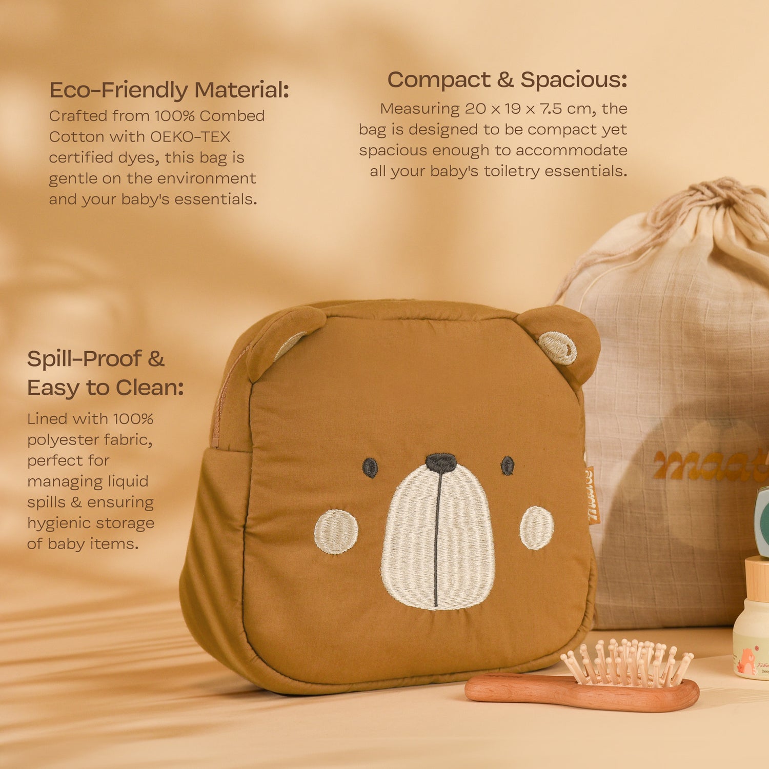 Cotton Toiletry Bag for Baby &amp; Kids - Brown